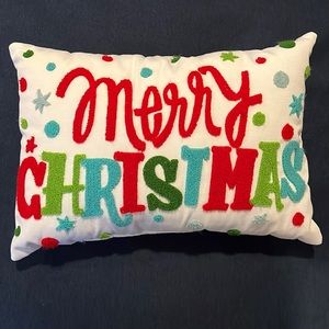 Like New White Merry Christmas Throw Pillow with Colorful Vintage Font Letters